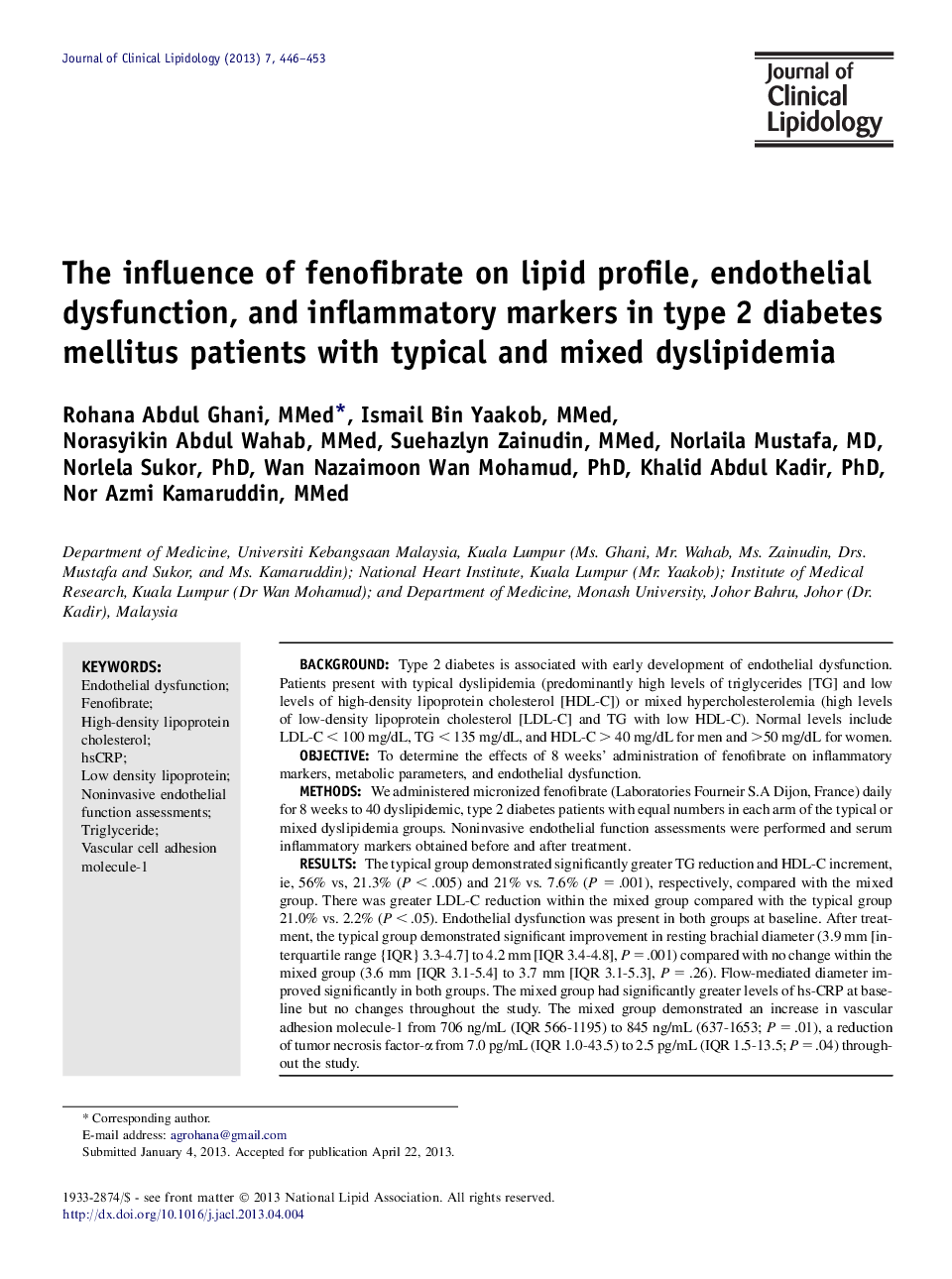 The influence of fenofibrate on lipid profile, endothelial dysfunction, and inflammatory markers in type 2 diabetes mellitus patients with typical and mixed dyslipidemia