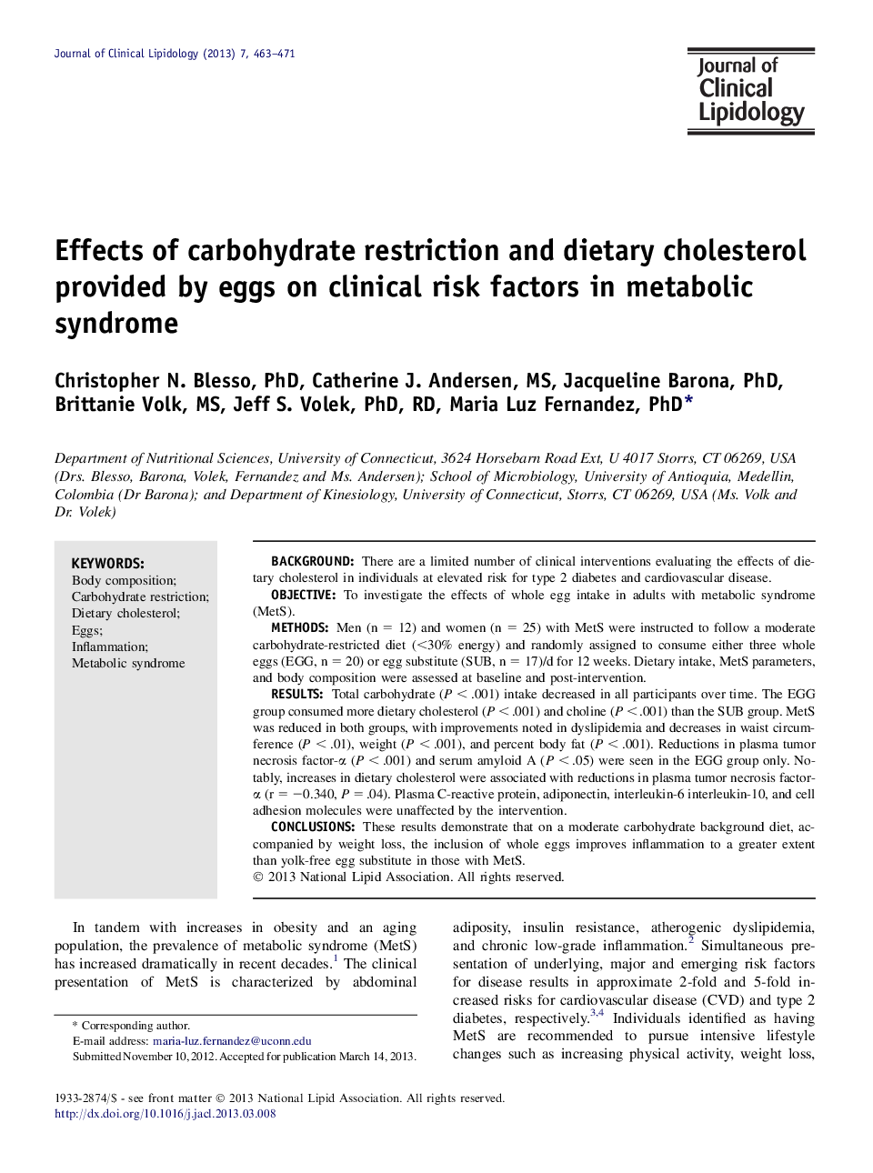 Effects of carbohydrate restriction and dietary cholesterol provided by eggs on clinical risk factors in metabolic syndrome