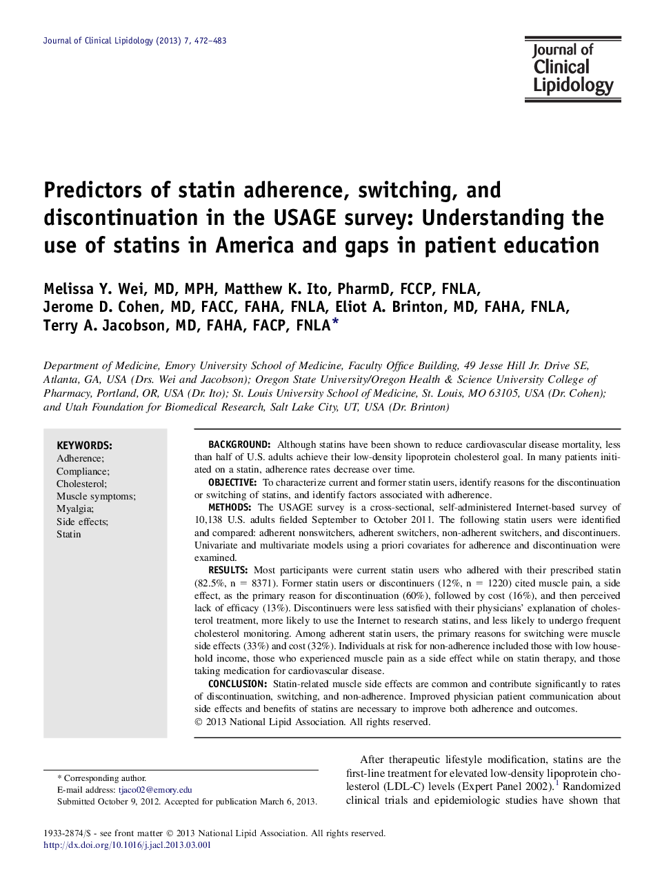 Predictors of statin adherence, switching, and discontinuation in the USAGE survey: Understanding the use of statins in America and gaps in patient education