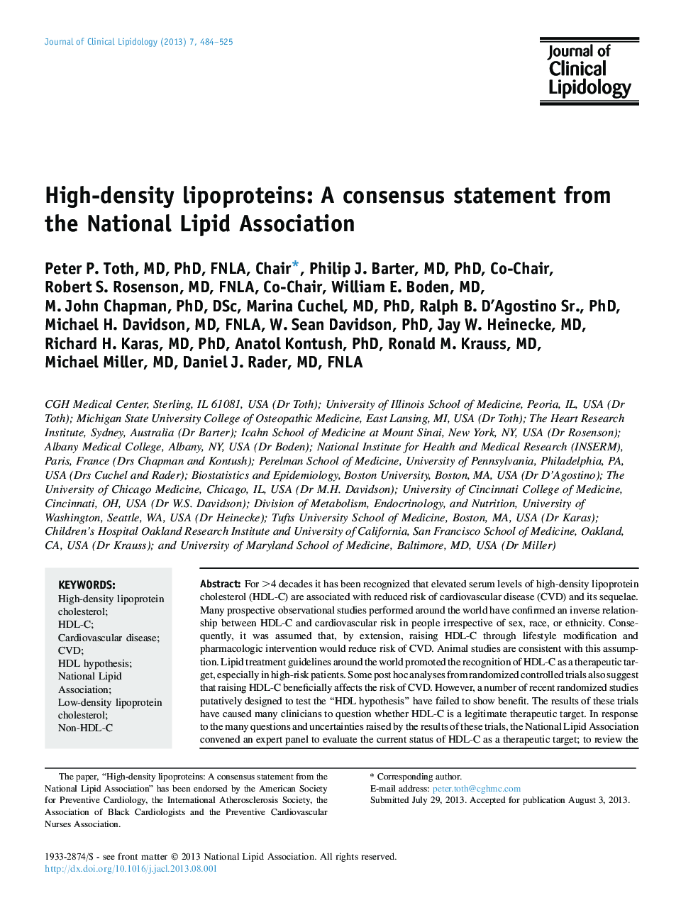 High-density lipoproteins: A consensus statement from the National Lipid Association