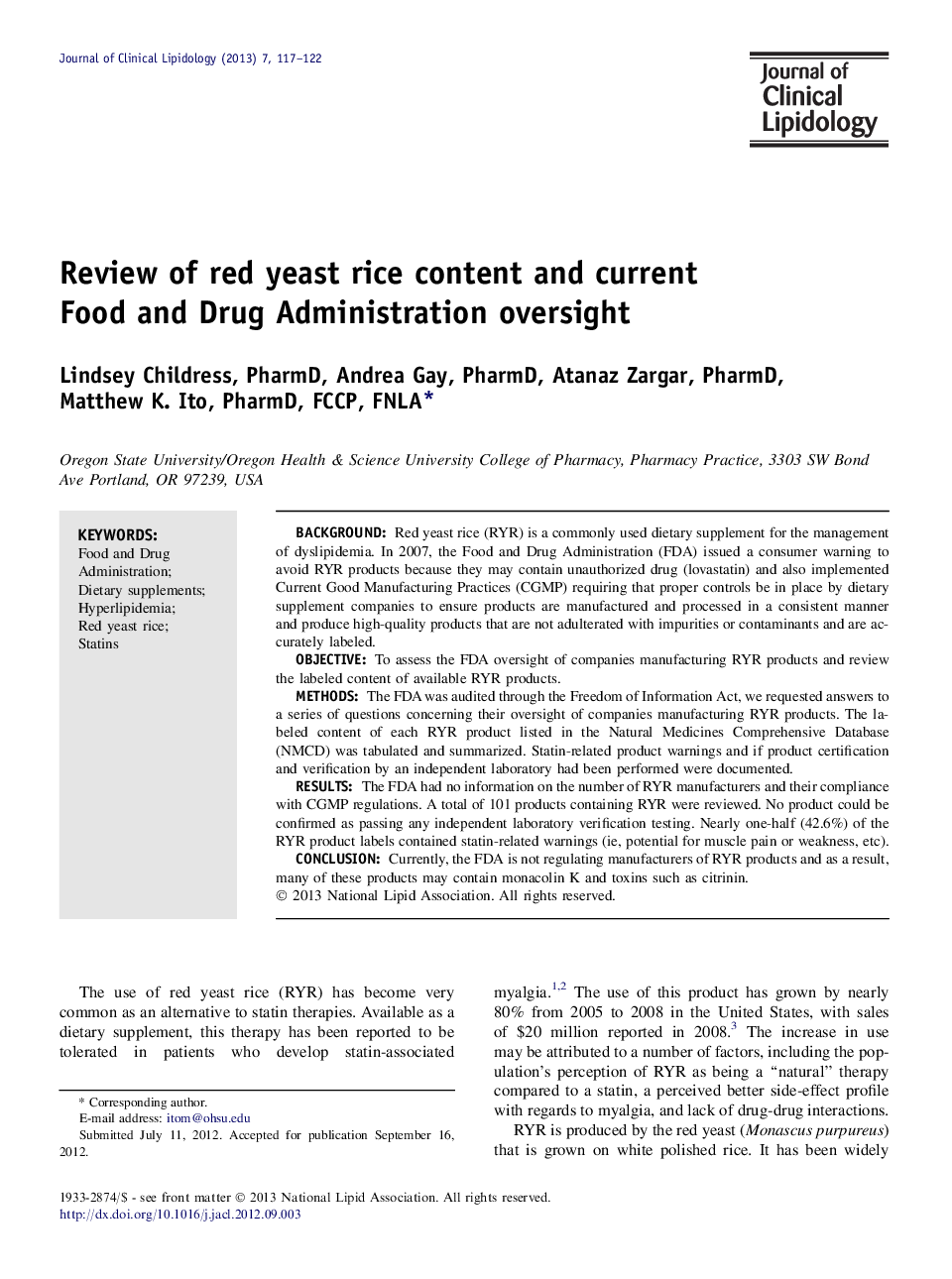 Review of red yeast rice content and current Food and Drug Administration oversight