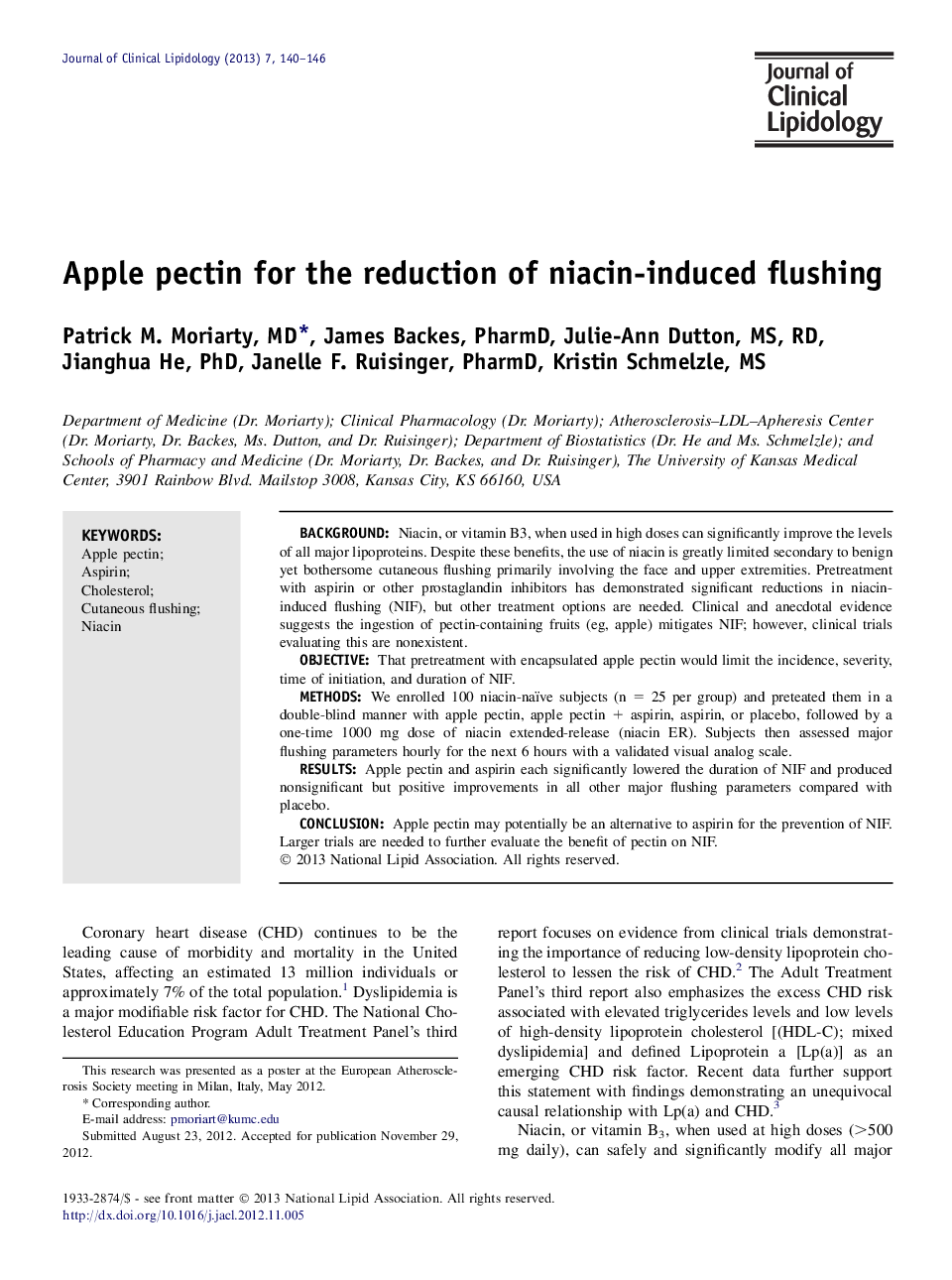 Apple pectin for the reduction of niacin-induced flushing