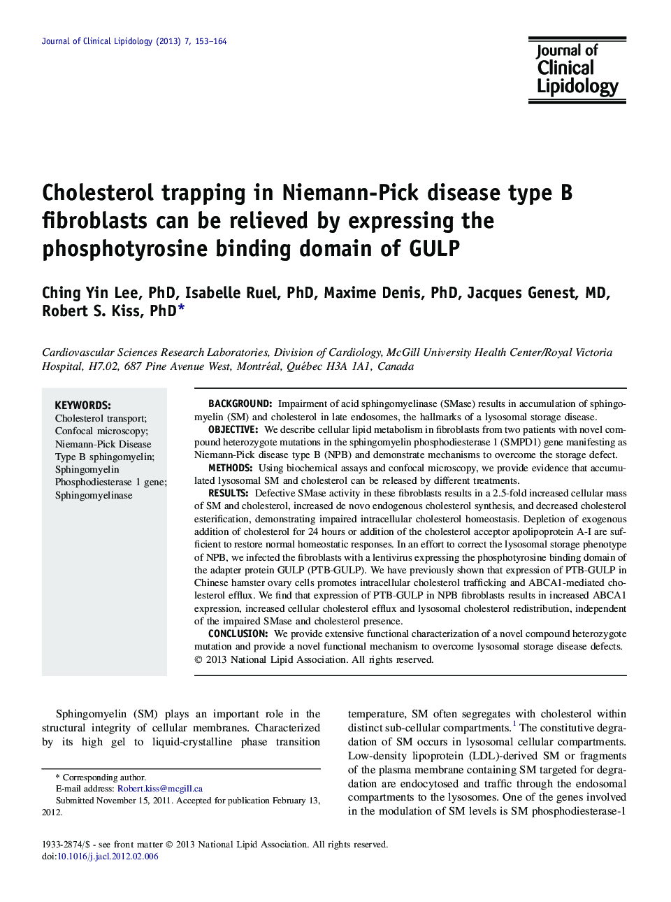 Cholesterol trapping in Niemann-Pick disease type B fibroblasts can be relieved by expressing the phosphotyrosine binding domain of GULP