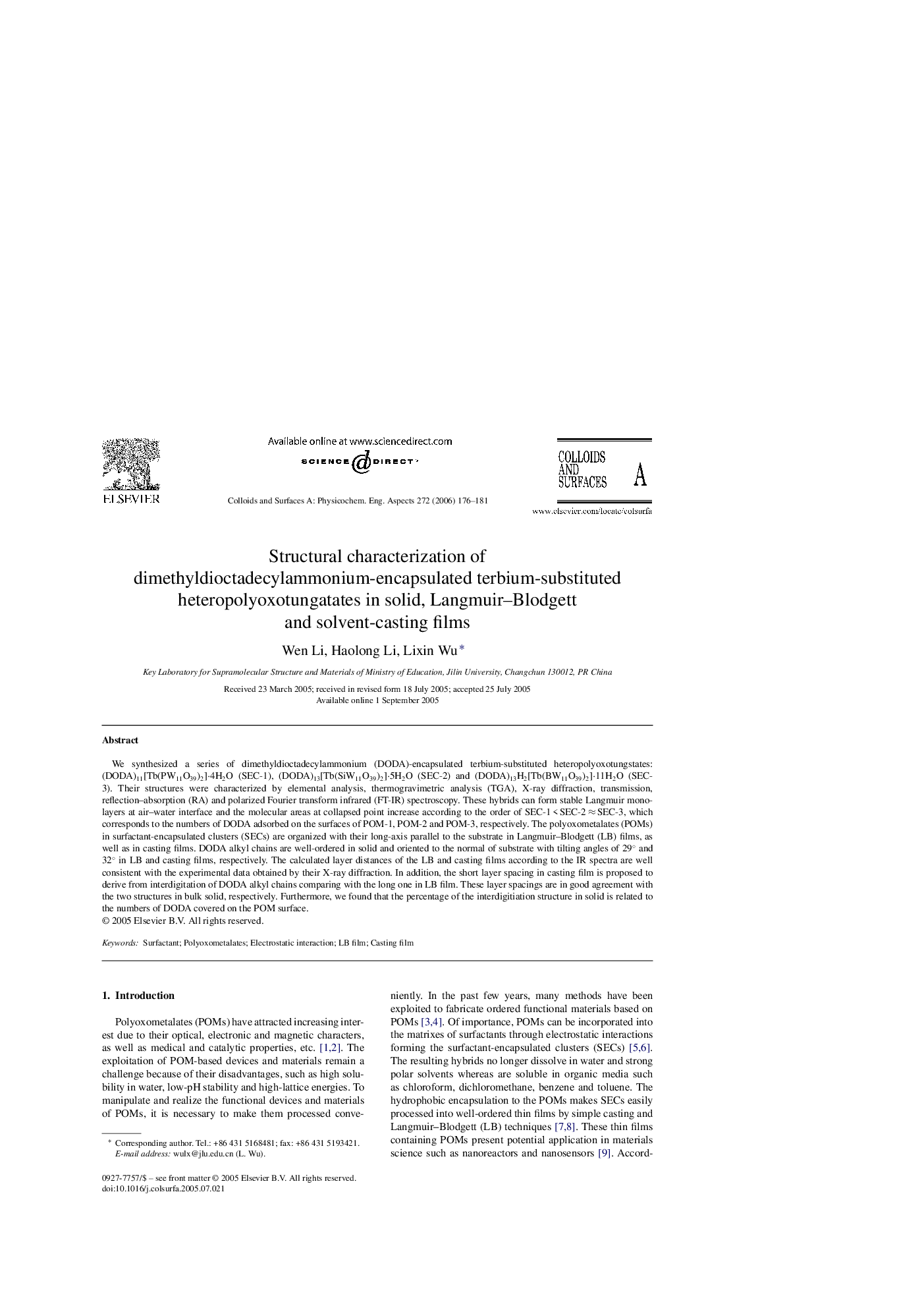 Structural characterization of dimethyldioctadecylammonium-encapsulated terbium-substituted heteropolyoxotungatates in solid, Langmuir–Blodgett and solvent-casting films