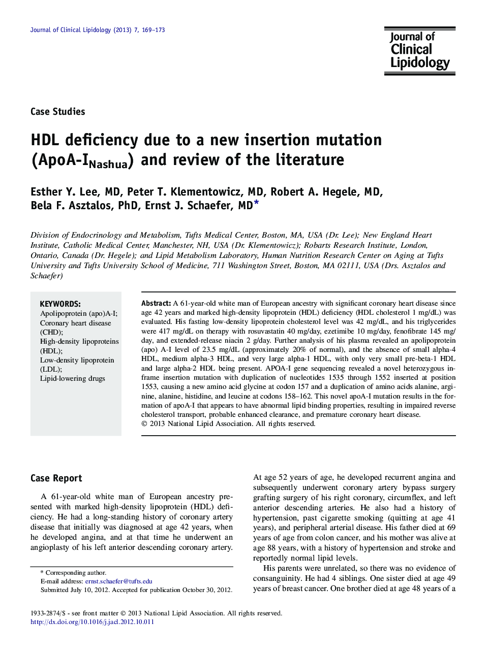 HDL deficiency due to a new insertion mutation (ApoA-INashua) and review of the literature