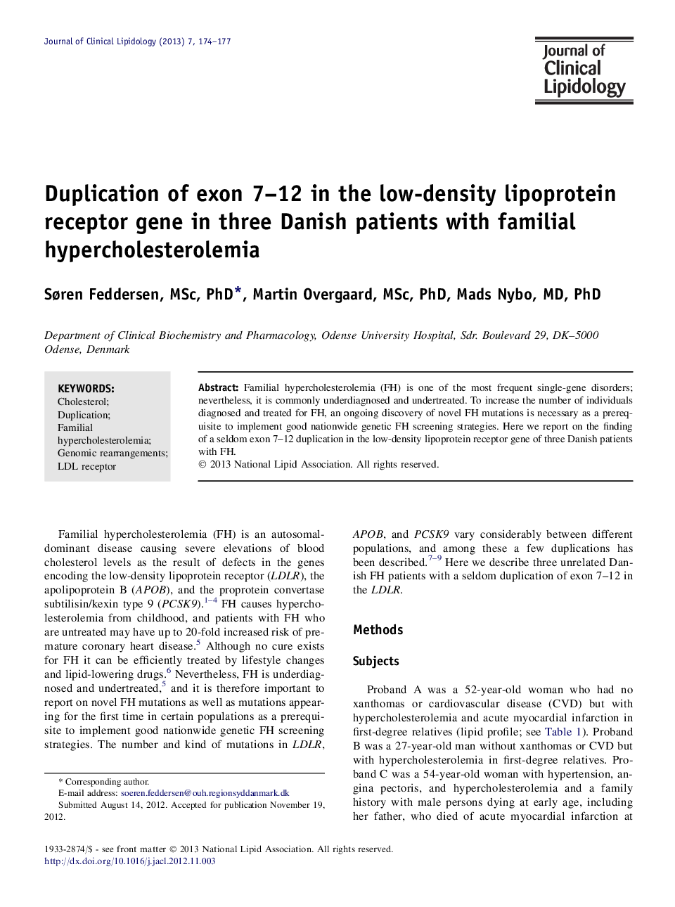 Duplication of exon 7-12 in the low-density lipoprotein receptor gene in three Danish patients with familial hypercholesterolemia