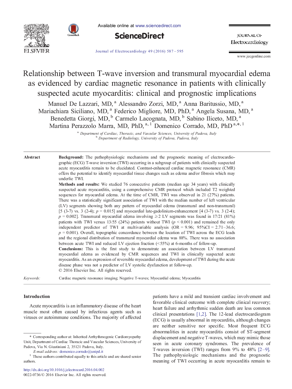 Relationship between T-wave inversion and transmural myocardial edema as evidenced by cardiac magnetic resonance in patients with clinically suspected acute myocarditis: clinical and prognostic implications