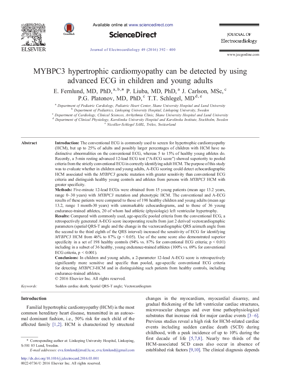 MYBPC3 hypertrophic cardiomyopathy can be detected by using advanced ECG in children and young adults