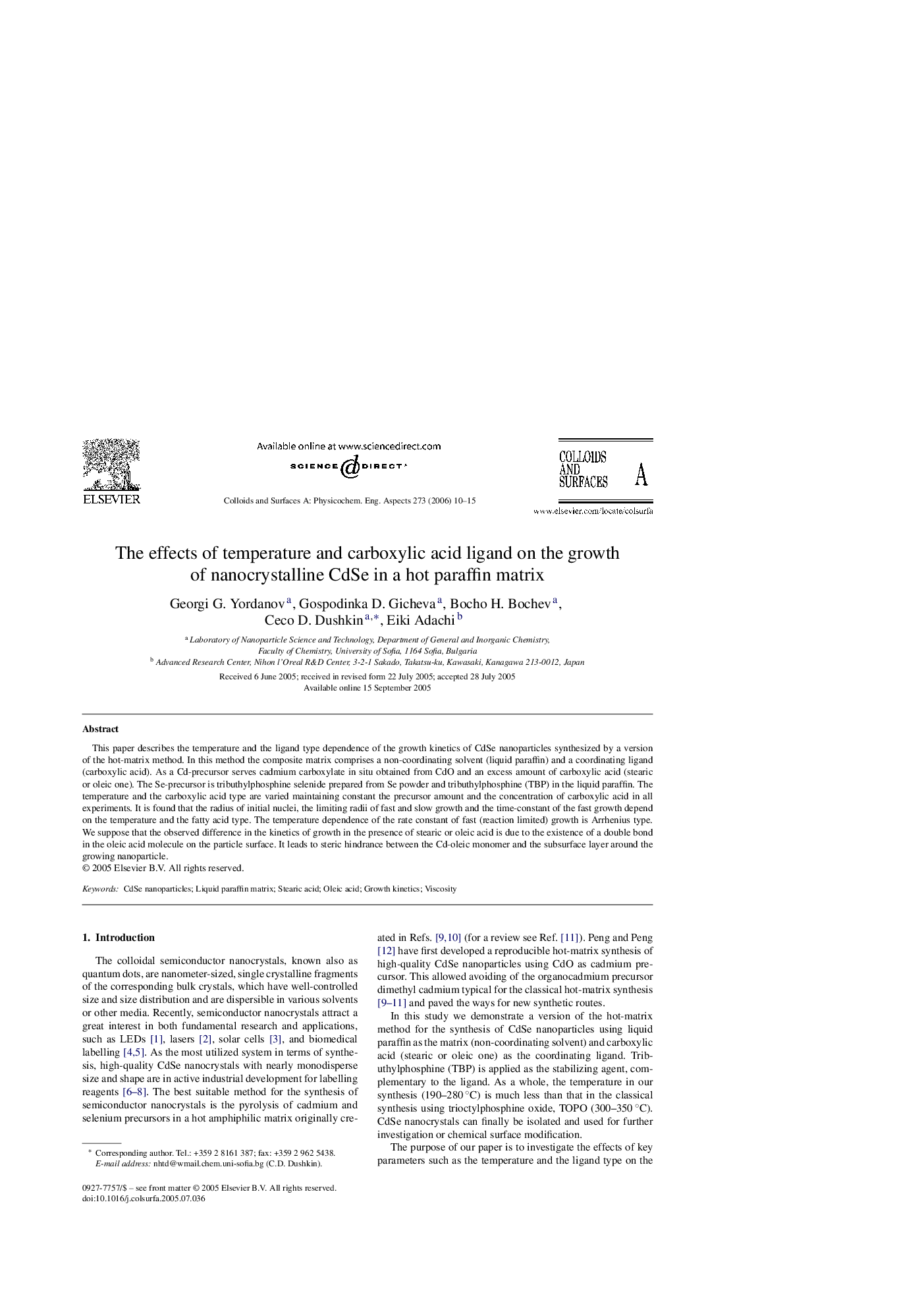 The effects of temperature and carboxylic acid ligand on the growth of nanocrystalline CdSe in a hot paraffin matrix