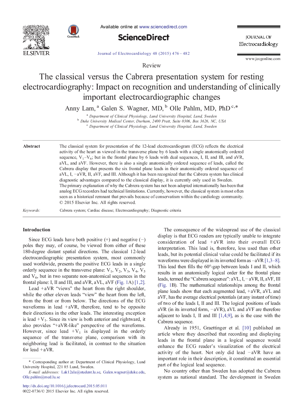 The classical versus the Cabrera presentation system for resting electrocardiography: Impact on recognition and understanding of clinically important electrocardiographic changes