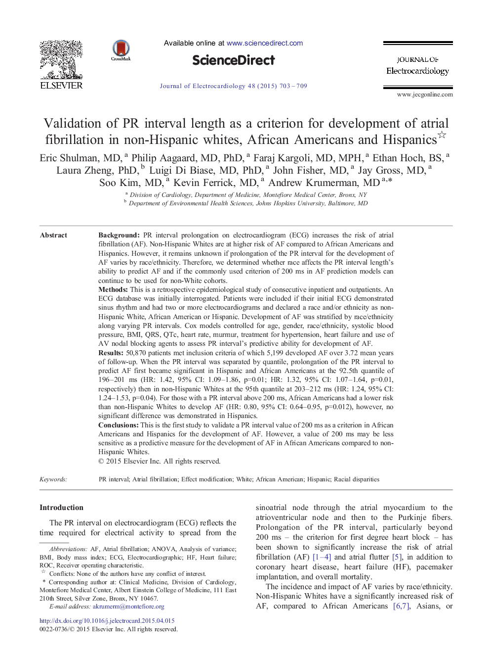 Validation of PR interval length as a criterion for development of atrial fibrillation in non-Hispanic whites, African Americans and Hispanics