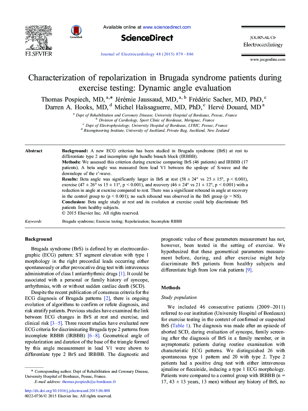 Characterization of repolarization in Brugada syndrome patients during exercise testing: Dynamic angle evaluation