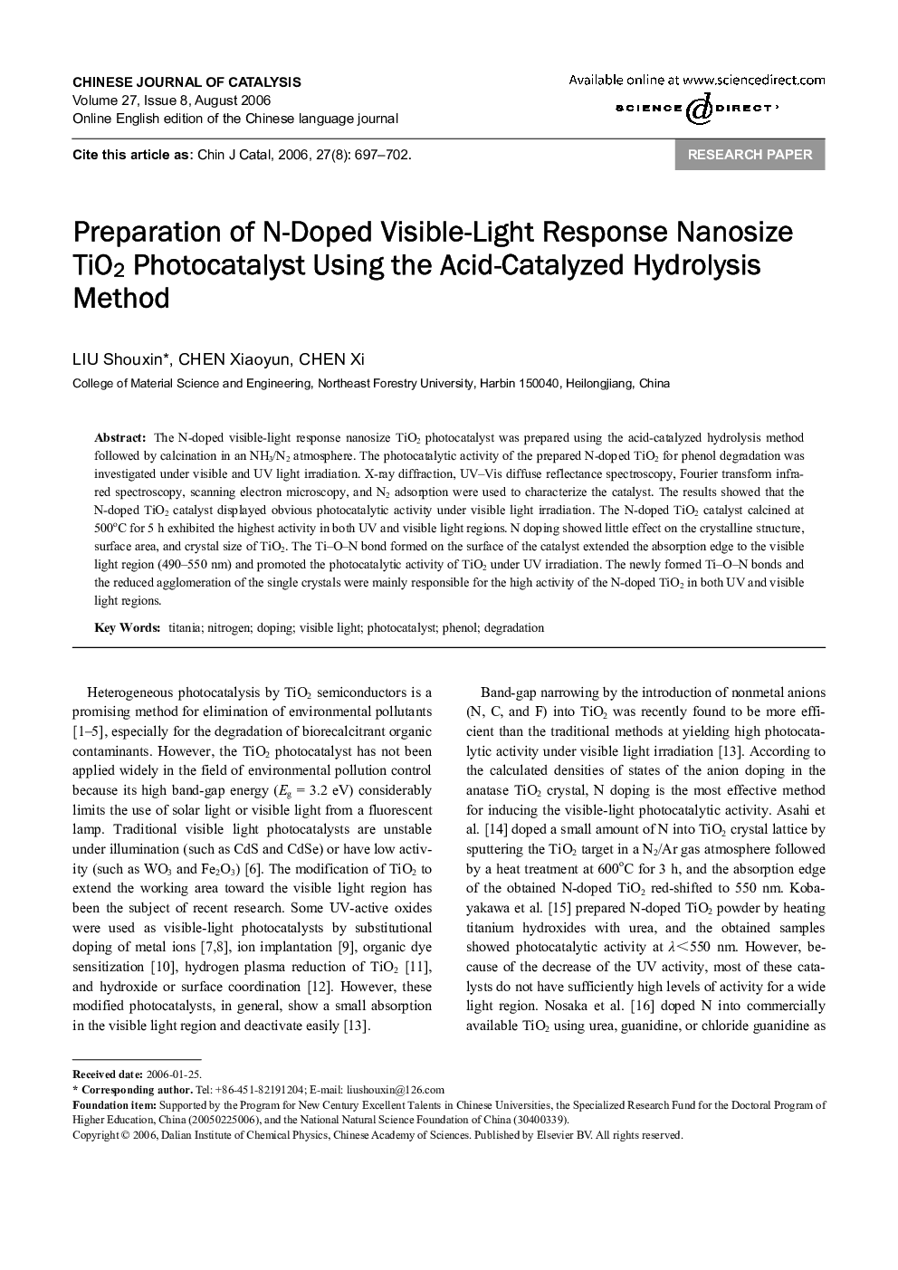 Preparation of N-Doped Visible-Light Response Nanosize TiO2 Photocatalyst Using the Acid-Catalyzed Hydrolysis Method 