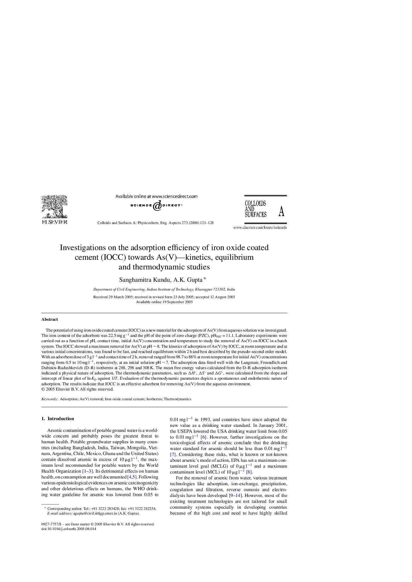 Investigations on the adsorption efficiency of iron oxide coated cement (IOCC) towards As(V)—kinetics, equilibrium and thermodynamic studies