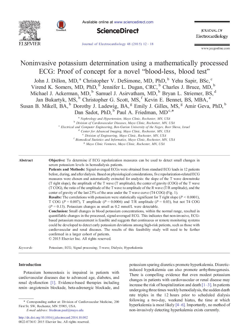 Noninvasive potassium determination using a mathematically processed ECG: Proof of concept for a novel “blood-less, blood test”