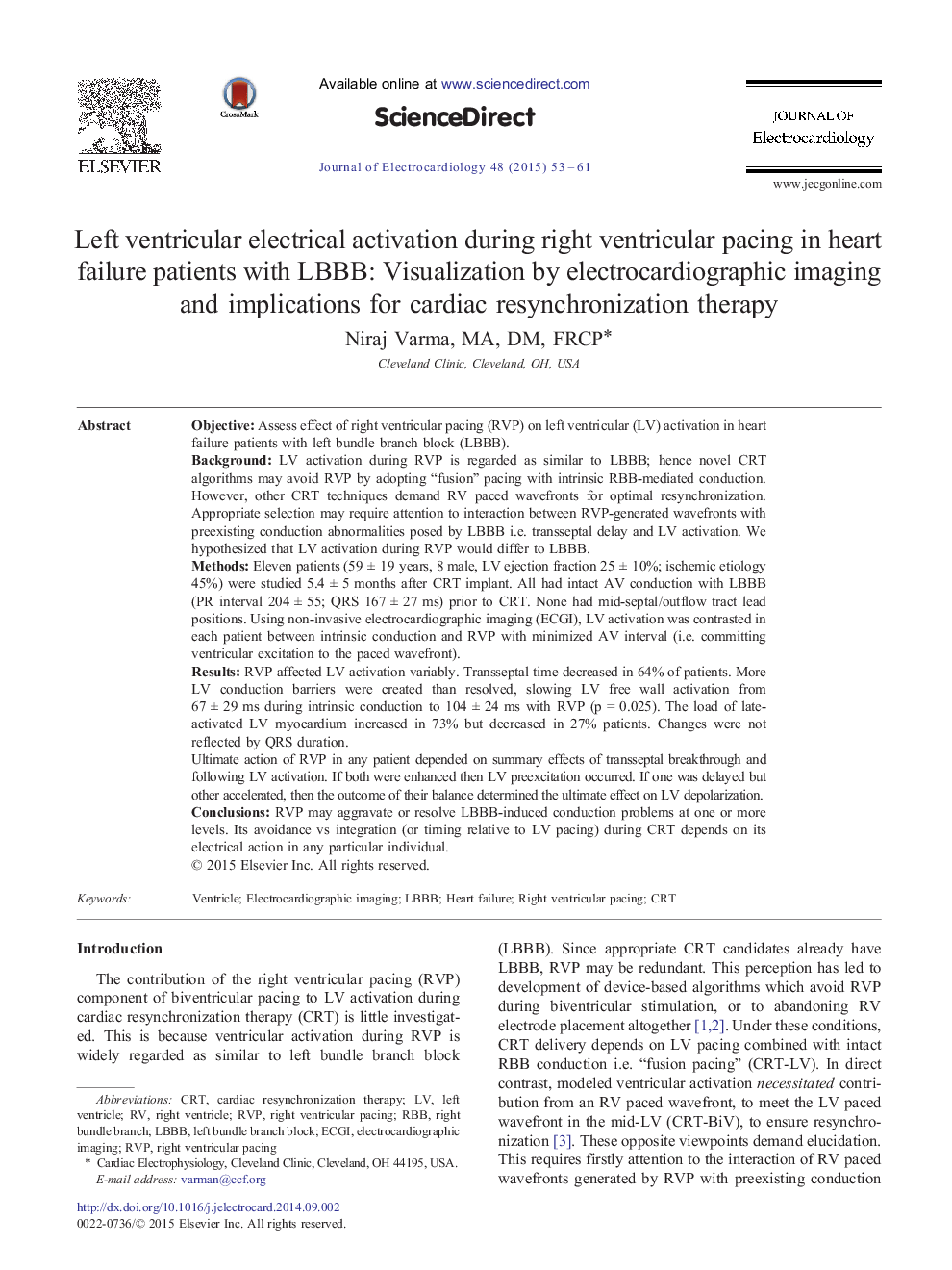 Left ventricular electrical activation during right ventricular pacing in heart failure patients with LBBB: Visualization by electrocardiographic imaging and implications for cardiac resynchronization therapy