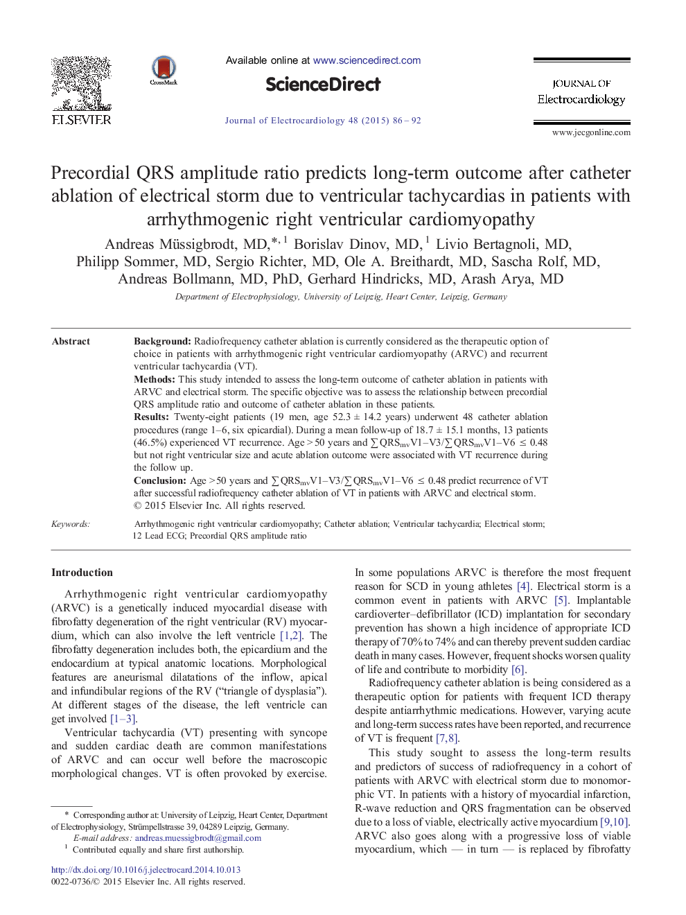 Precordial QRS amplitude ratio predicts long-term outcome after catheter ablation of electrical storm due to ventricular tachycardias in patients with arrhythmogenic right ventricular cardiomyopathy