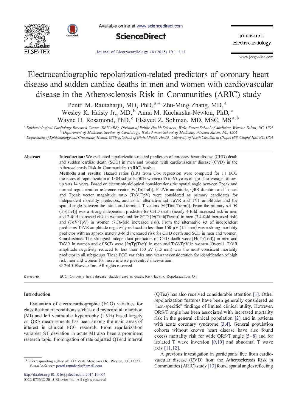 Electrocardiographic repolarization-related predictors of coronary heart disease and sudden cardiac deaths in men and women with cardiovascular disease in the Atherosclerosis Risk in Communities (ARIC) study