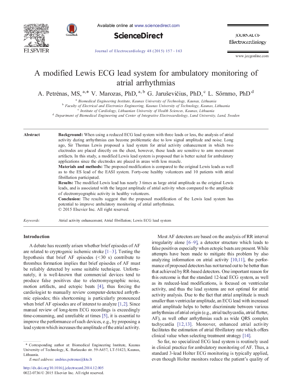 A modified Lewis ECG lead system for ambulatory monitoring of atrial arrhythmias