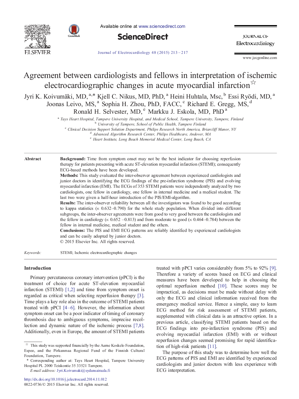 Agreement between cardiologists and fellows in interpretation of ischemic electrocardiographic changes in acute myocardial infarction