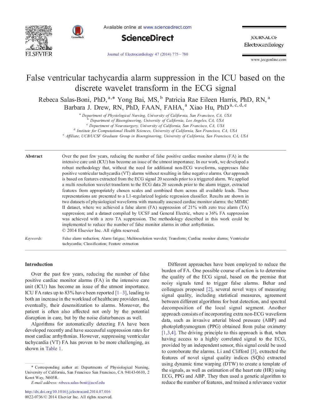 False ventricular tachycardia alarm suppression in the ICU based on the discrete wavelet transform in the ECG signal