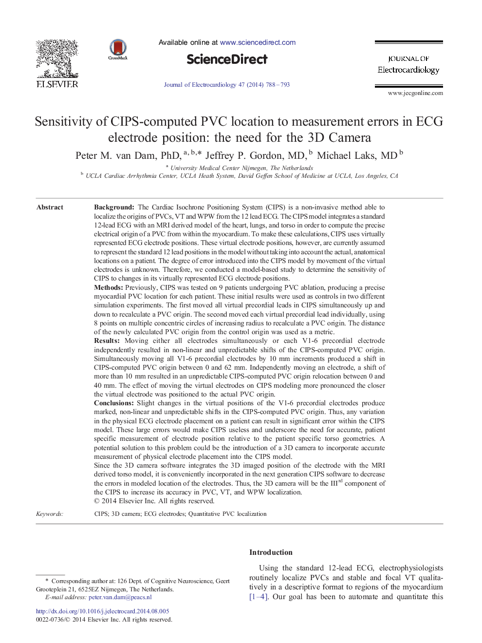 Sensitivity of CIPS-computed PVC location to measurement errors in ECG electrode position: the need for the 3D Camera