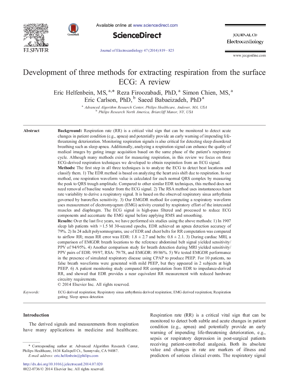 Development of three methods for extracting respiration from the surface ECG: A review