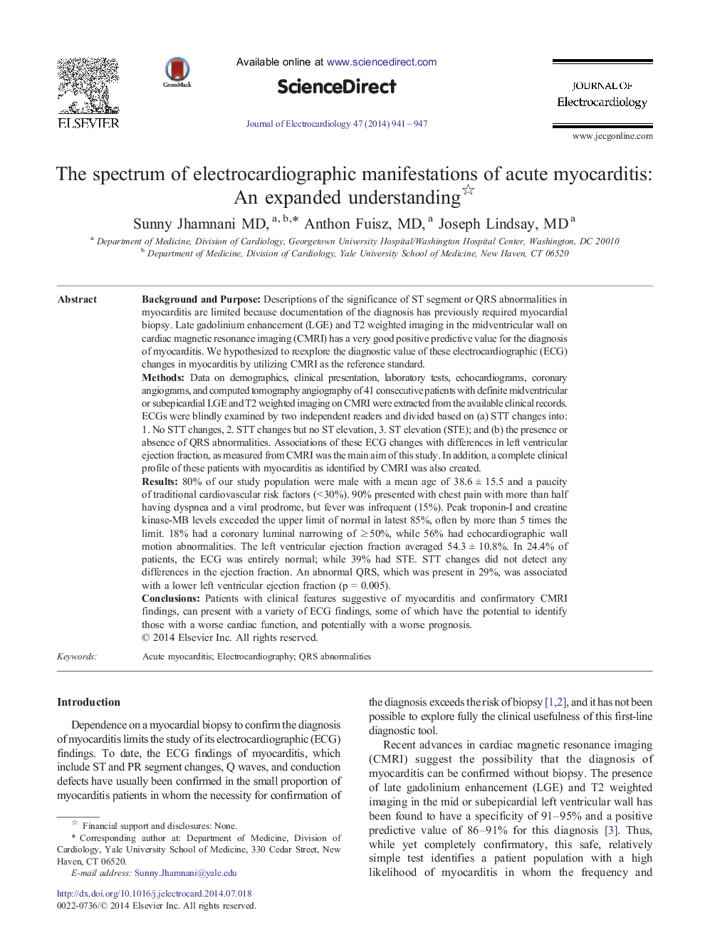 عکس صفحه اول مقاله: The spectrum of electrocardiographic manifestations of acute myocarditis: An expanded understanding The spectrum of electrocardiographic manifestations of acute myocarditis: An expanded understanding