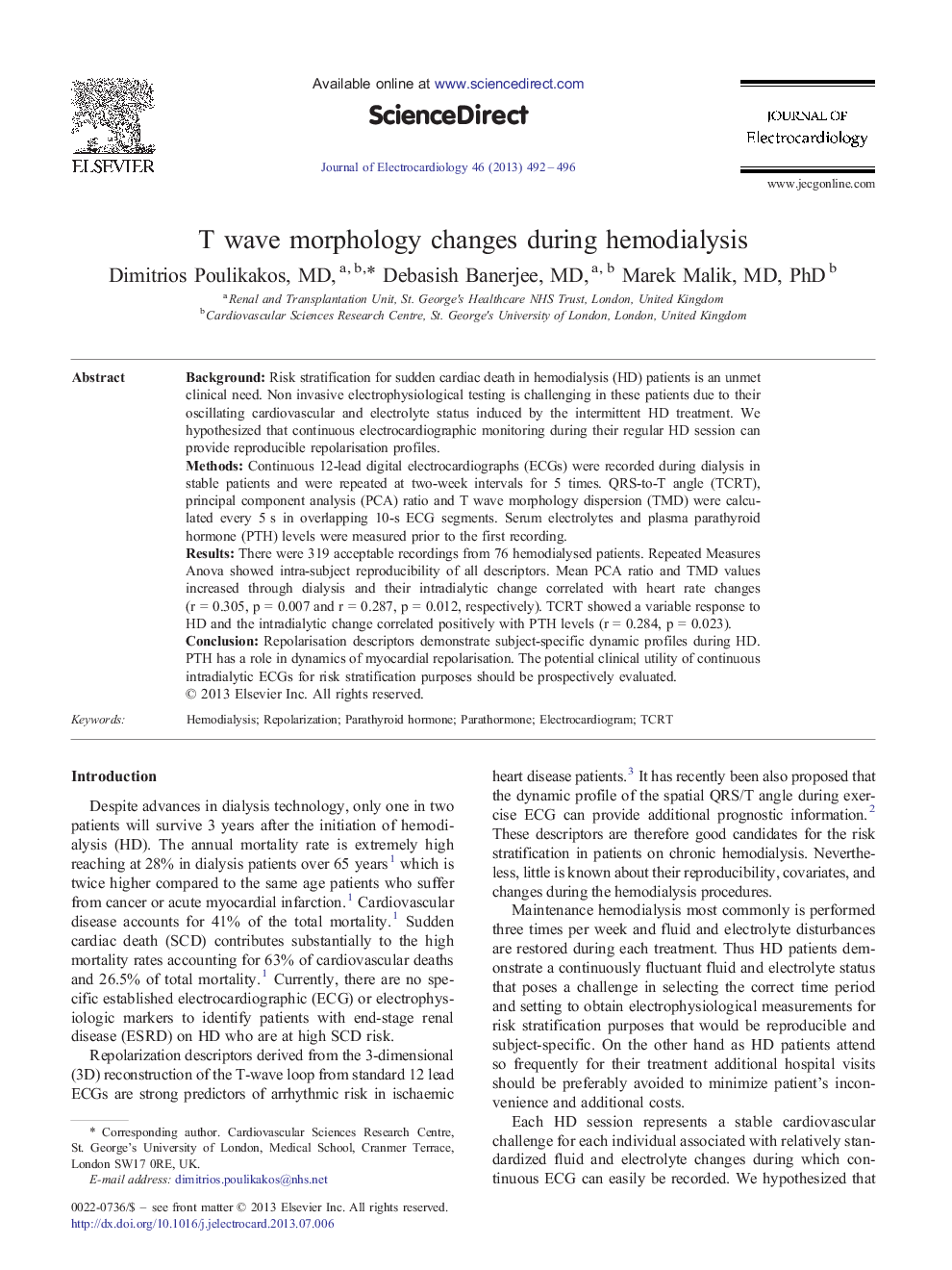 T wave morphology changes during hemodialysis