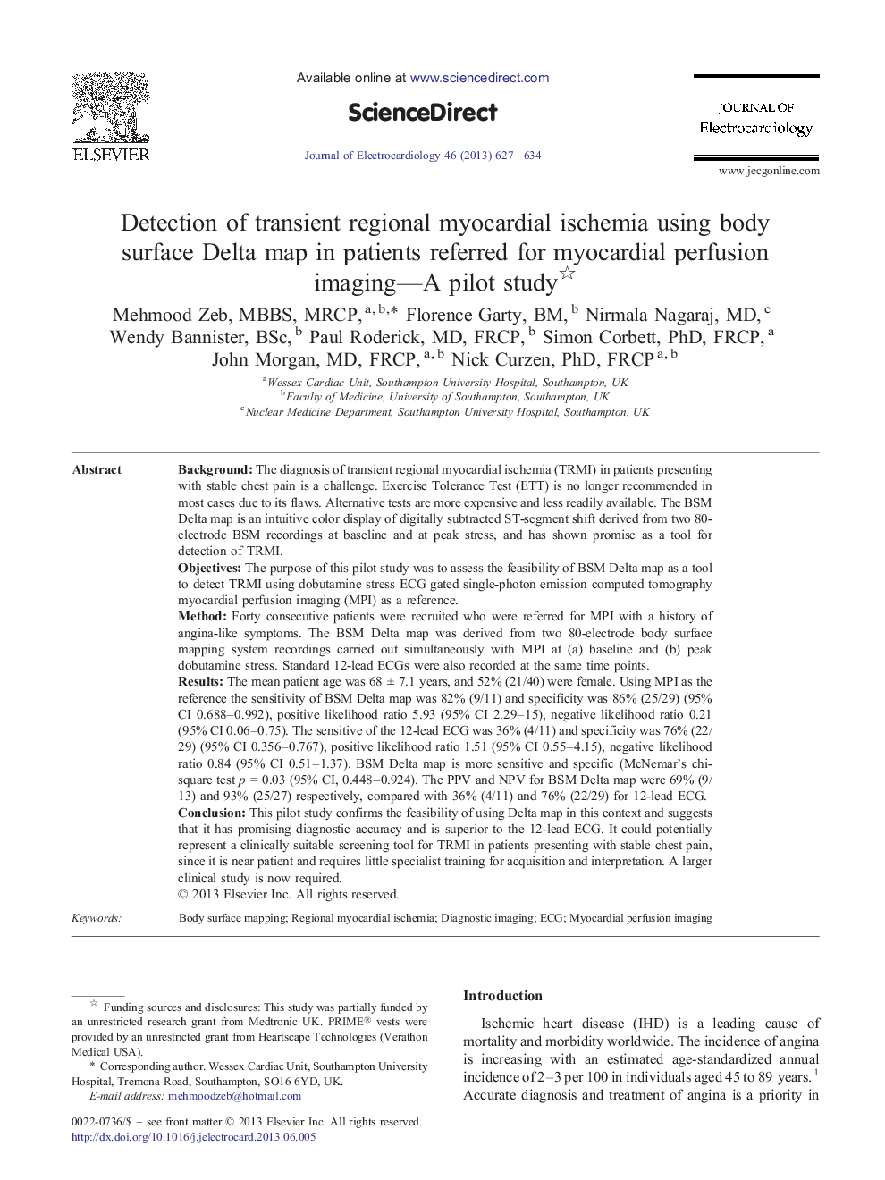 Detection of transient regional myocardial ischemia using body surface Delta map in patients referred for myocardial perfusion imaging-A pilot study