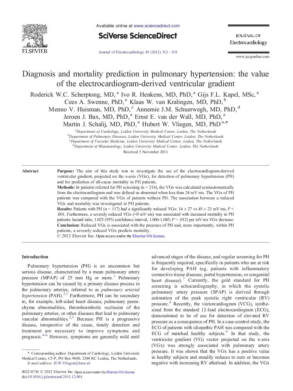 Diagnosis and mortality prediction in pulmonary hypertension: the value of the electrocardiogram-derived ventricular gradient