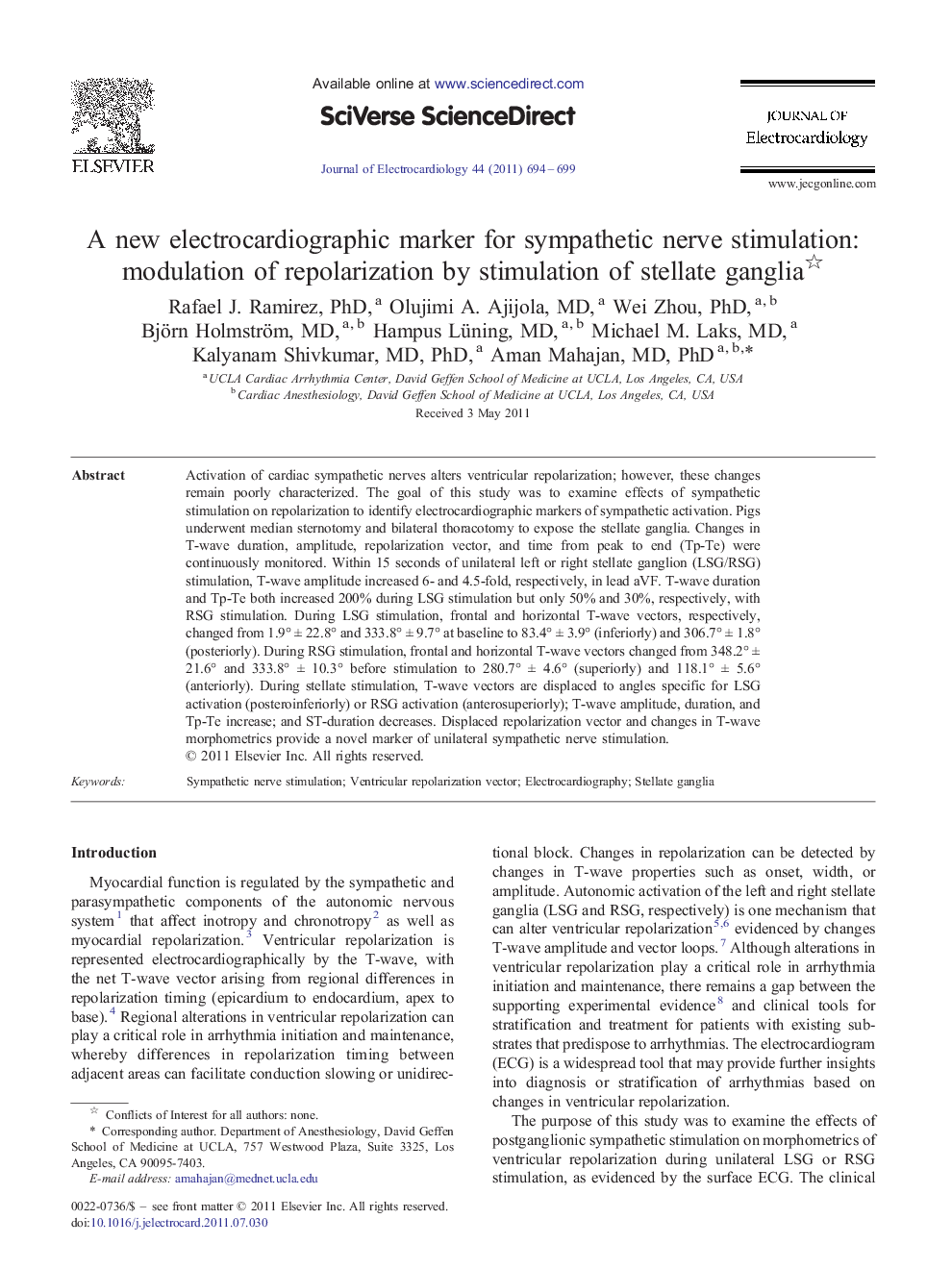 A new electrocardiographic marker for sympathetic nerve stimulation: modulation of repolarization by stimulation of stellate ganglia