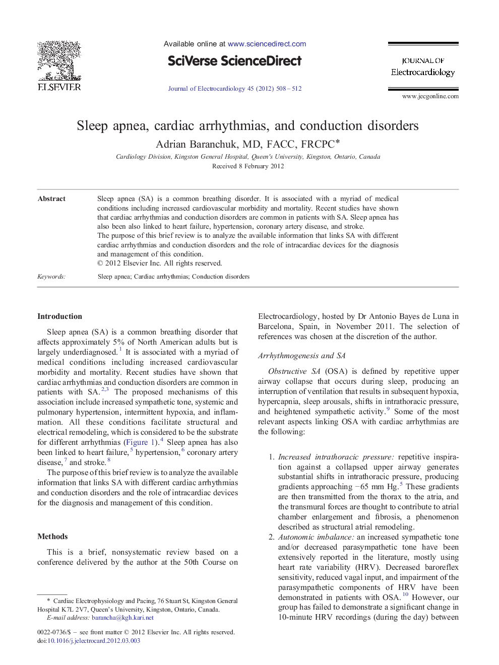 Sleep apnea, cardiac arrhythmias, and conduction disorders