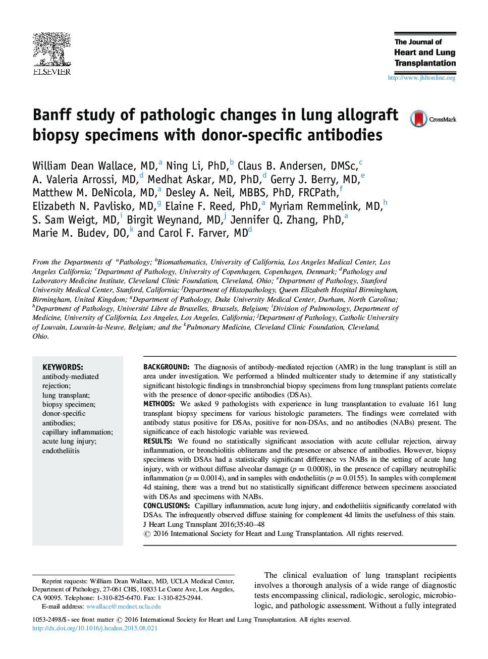 Banff study of pathologic changes in lung allograft biopsy specimens with donor-specific antibodies