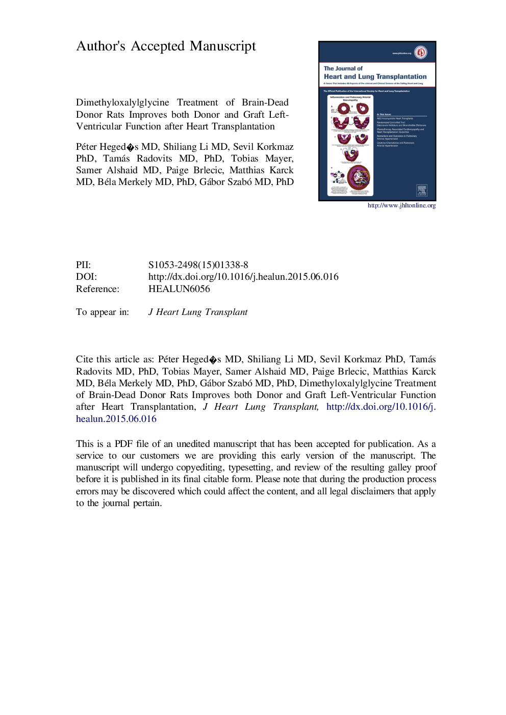 Dimethyloxalylglycine treatment of brain-dead donor rats improves both donor and graft left ventricular function after heart transplantation