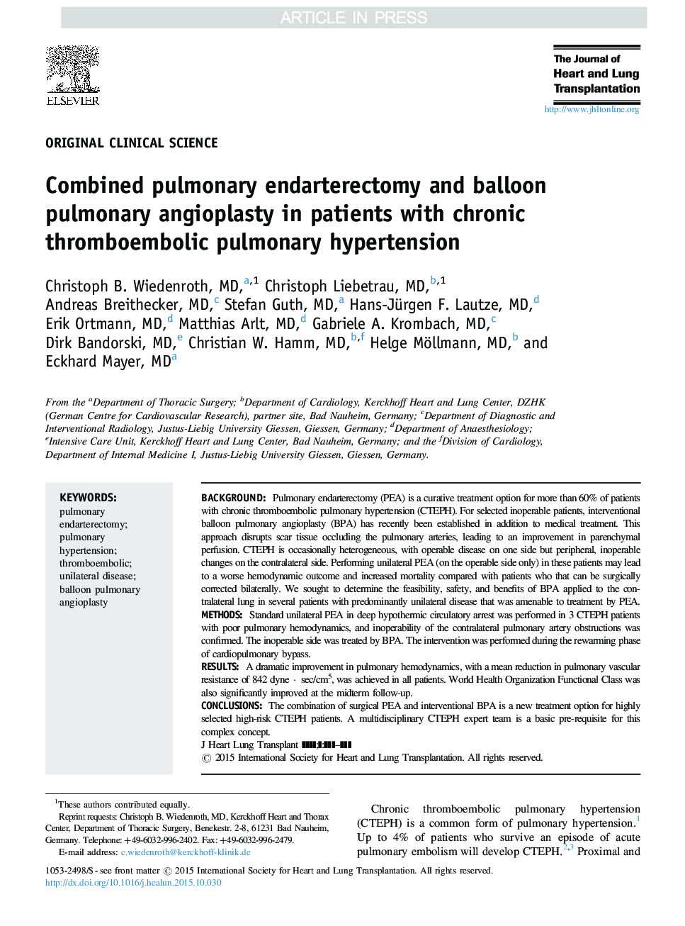 Combined pulmonary endarterectomy and balloon pulmonary angioplasty in patients with chronic thromboembolic pulmonary hypertension