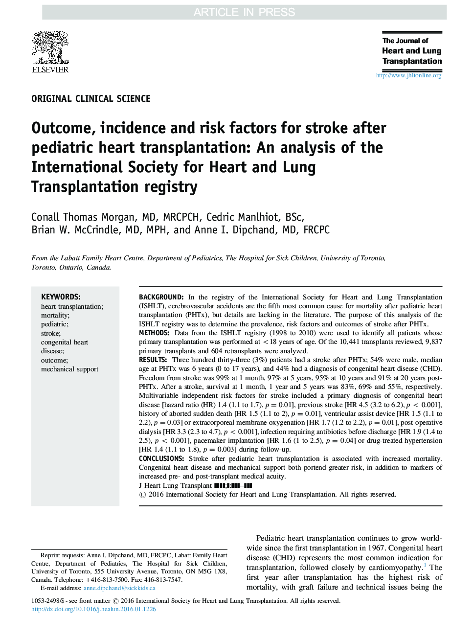 نتیجه، بروز و عوامل خطر سکته مغزی پس از پیوند قلب کودکان: یک تجزیه و تحلیل از انجمن بین المللی قلبی و ریه پیگیری رجیستری 
