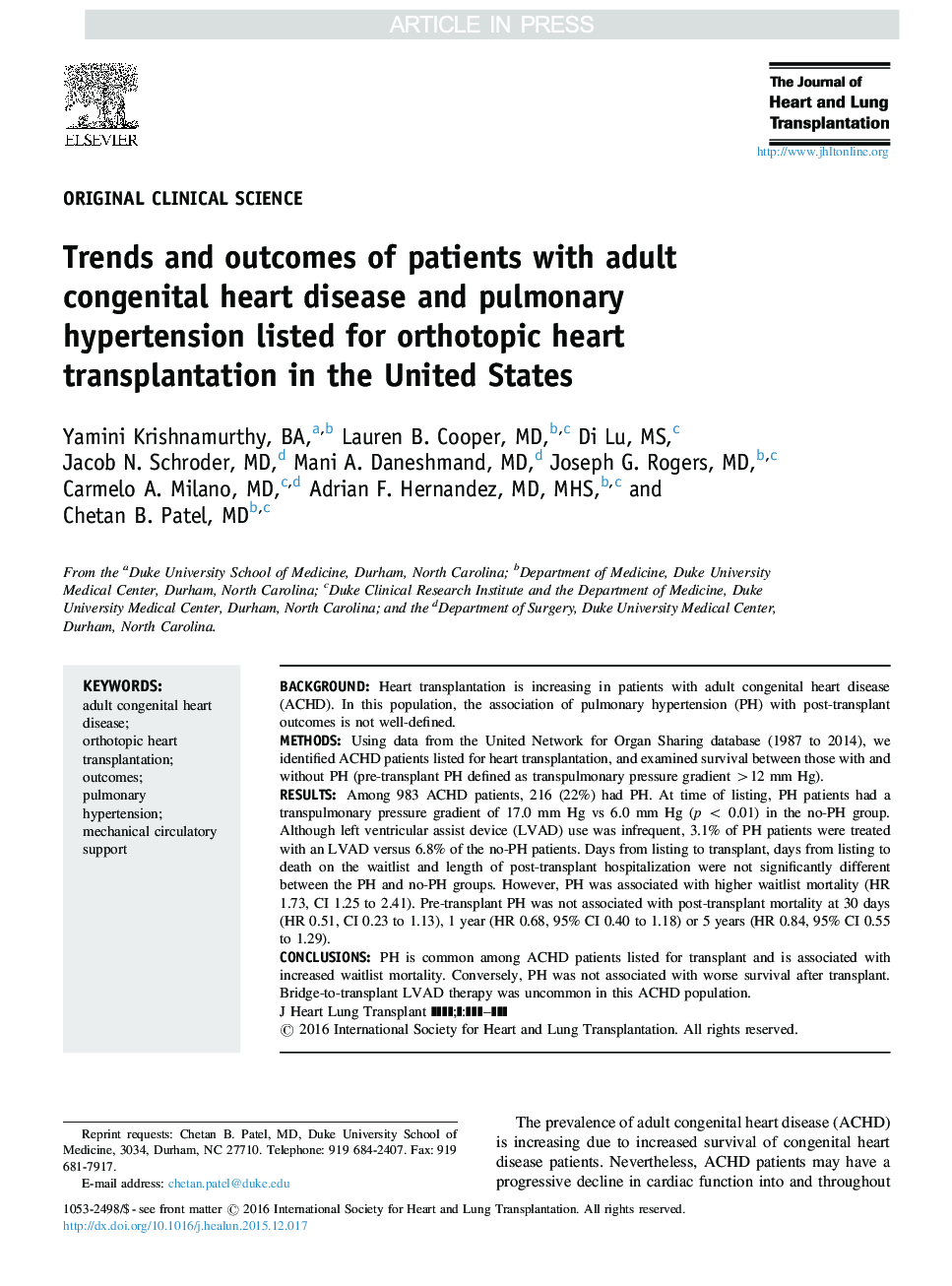 روند و نتایج بیماران مبتلا به بیماری های قلبی مادرزادی قلبی و فشار خون ریوی که برای پیوند قلب اورترتوپیک در ایالات متحده ذکر شده است 