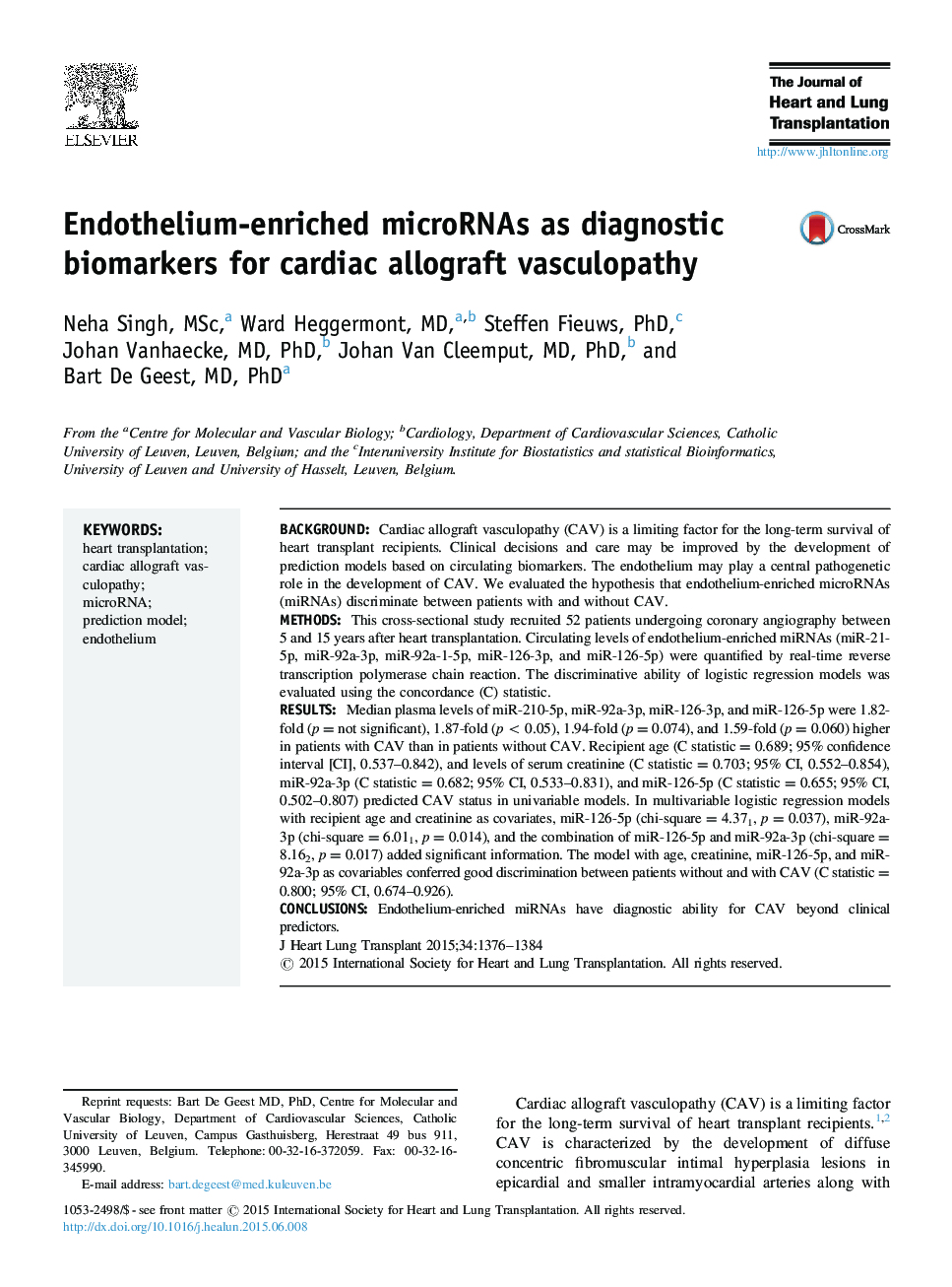 Endothelium-enriched microRNAs as diagnostic biomarkers for cardiac allograft vasculopathy