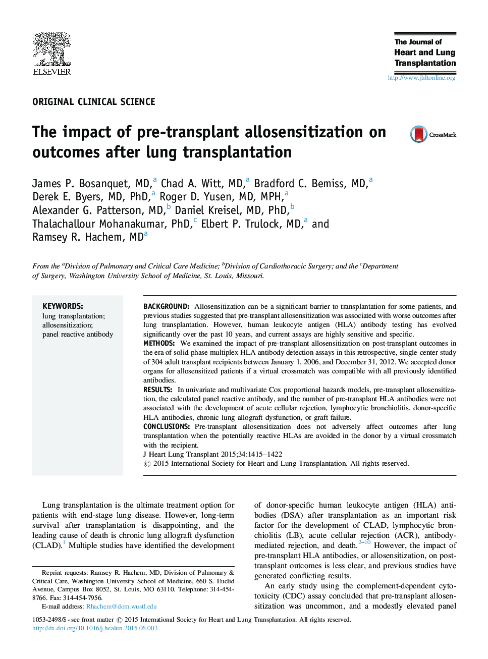 The impact of pre-transplant allosensitization on outcomes after lung transplantation