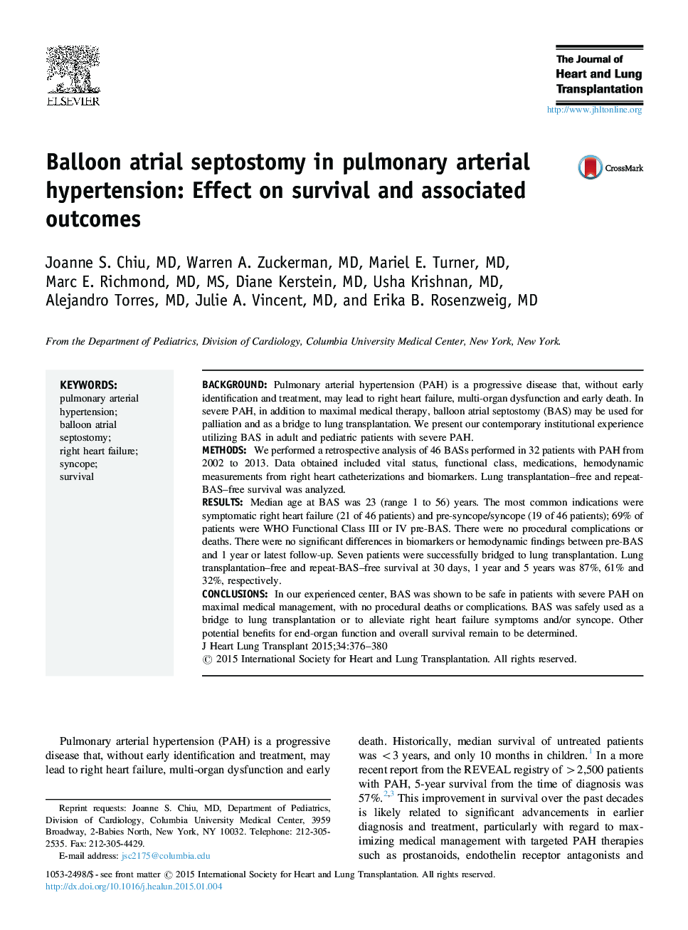 Balloon atrial septostomy in pulmonary arterial hypertension: Effect on survival and associated outcomes