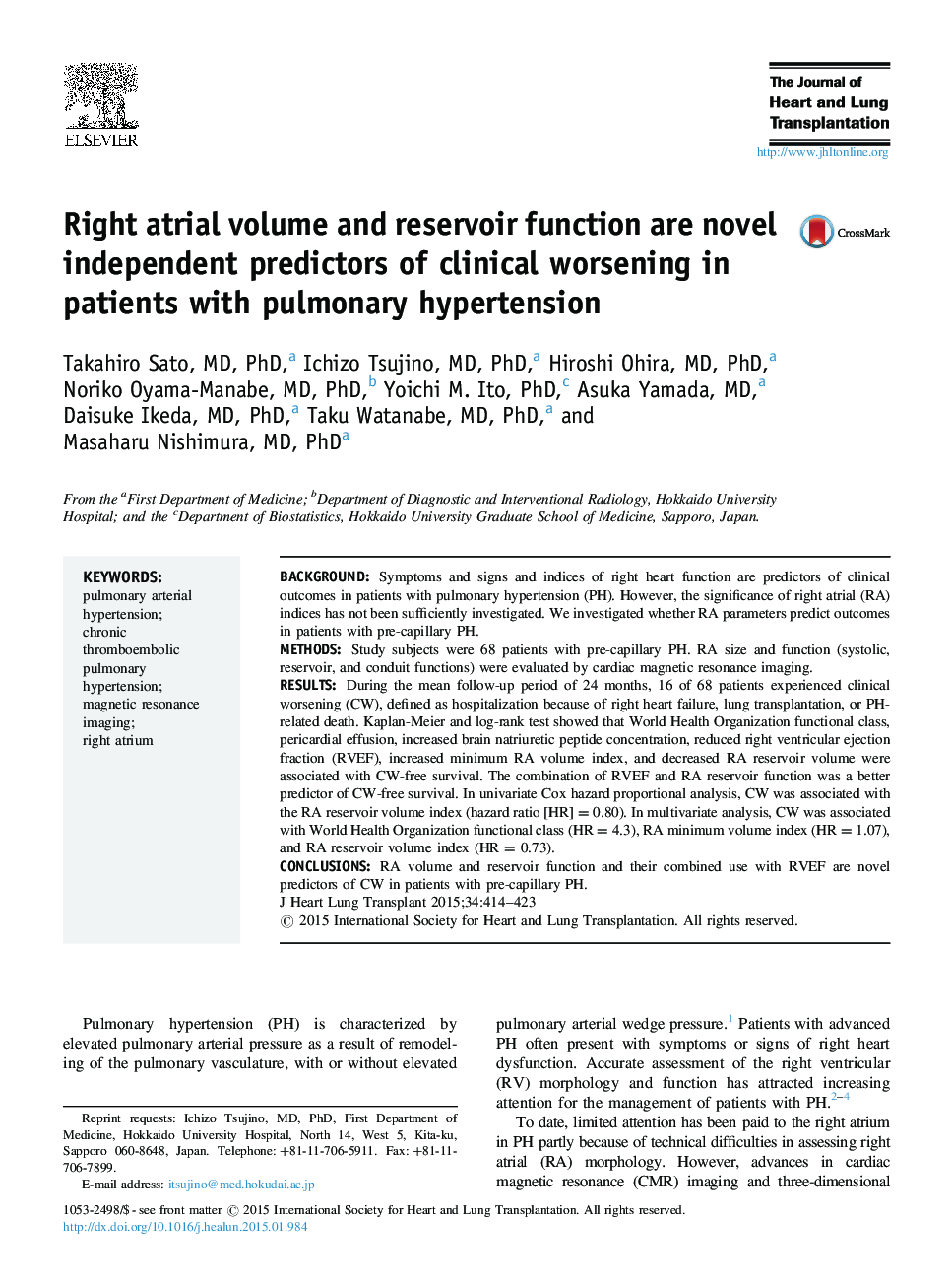 Right atrial volume and reservoir function are novel independent predictors of clinical worsening in patients with pulmonary hypertension