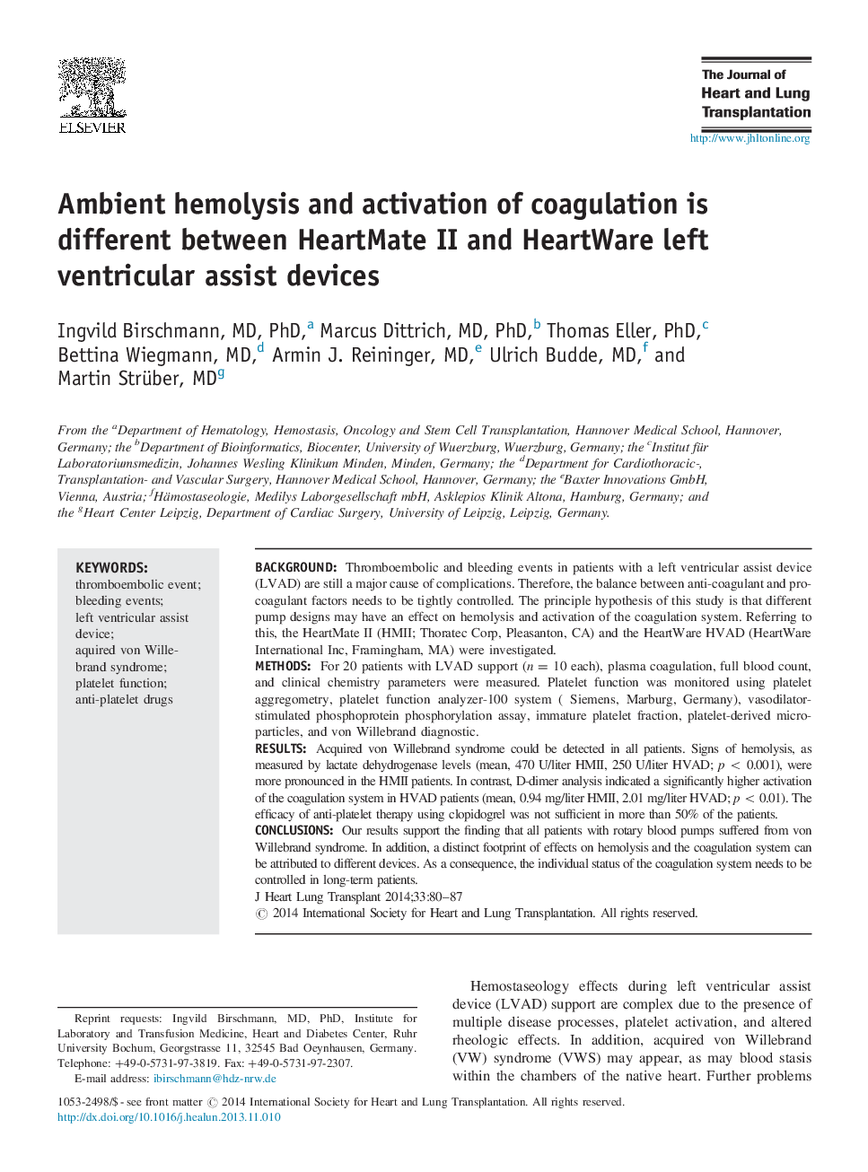 Ambient hemolysis and activation of coagulation is different between HeartMate II and HeartWare left ventricular assist devices