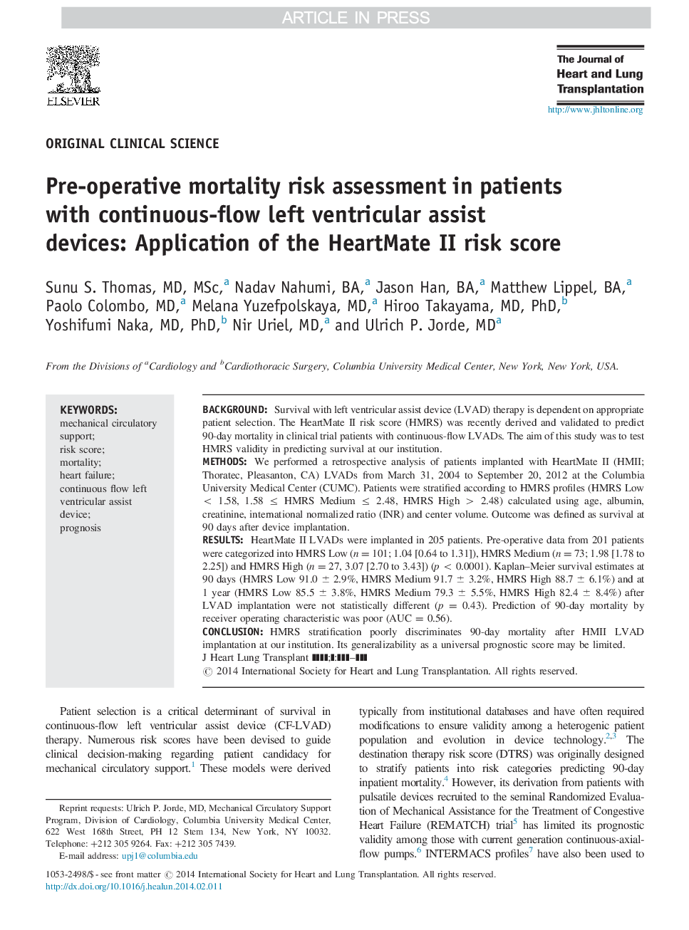 عکس صفحه اول مقاله: Pre-operative mortality risk assessment in patients with continuous-flow left ventricular assist devices: Application of the HeartMate II risk score Pre-operative mortality risk assessment in patients with continuous-flow left ventricular assist devices: Application of the HeartMate II risk score
