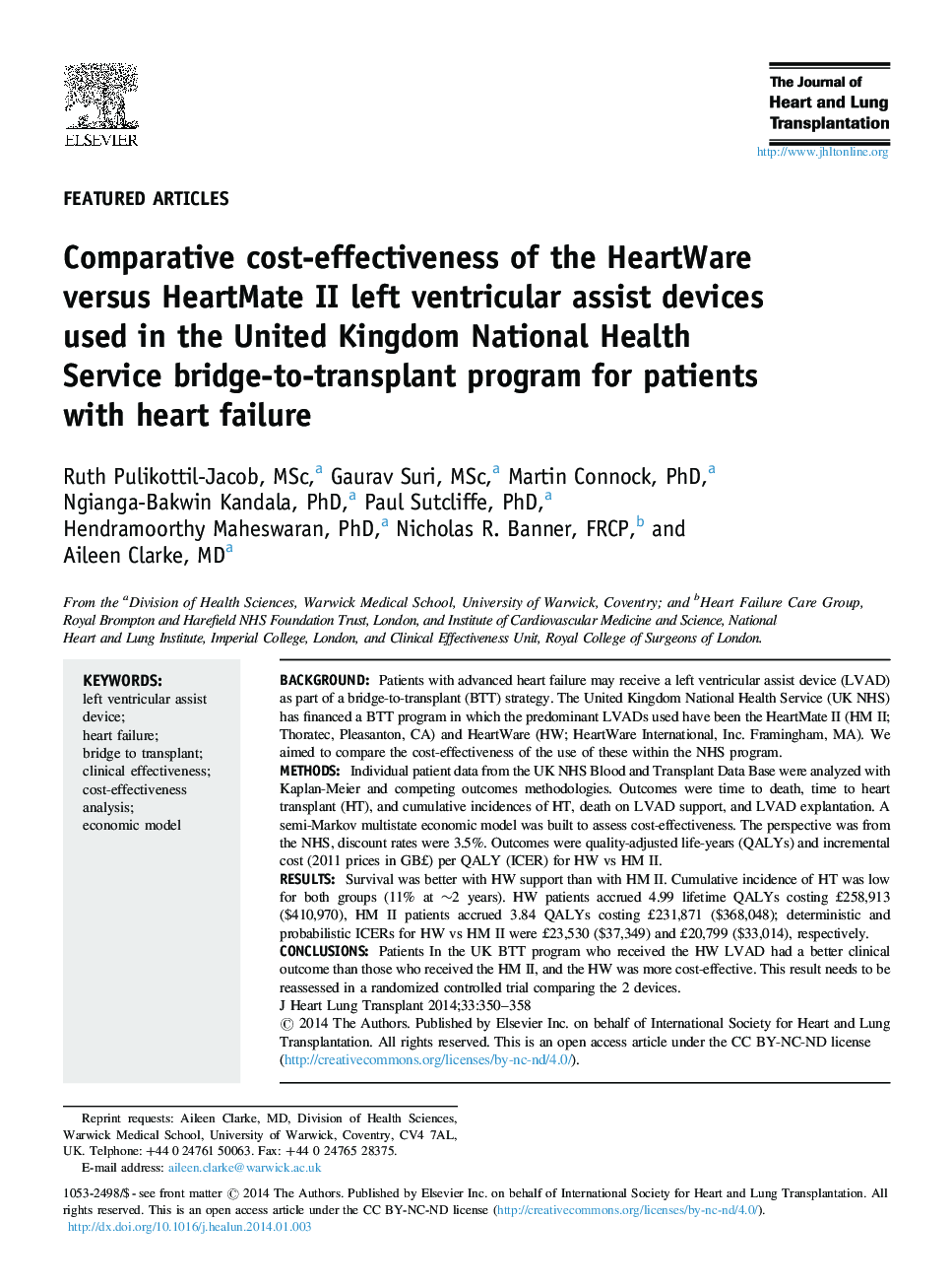 Comparative cost-effectiveness of the HeartWare versus HeartMate II left ventricular assist devices used in the United Kingdom National Health Service bridge-to-transplant program for patients with heart failure