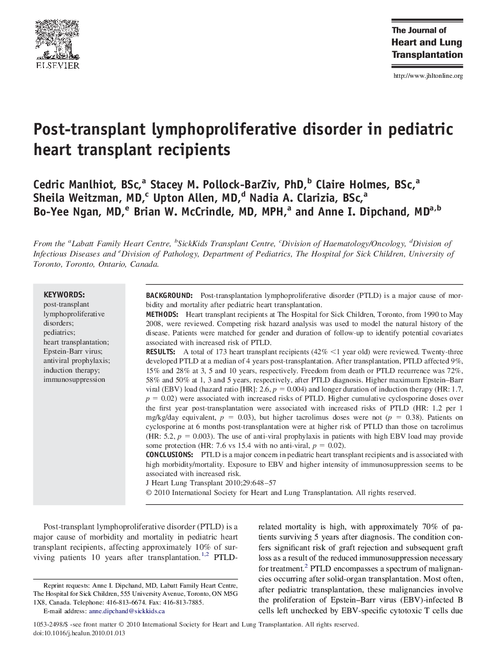 Post-transplant lymphoproliferative disorder in pediatric heart transplant recipients