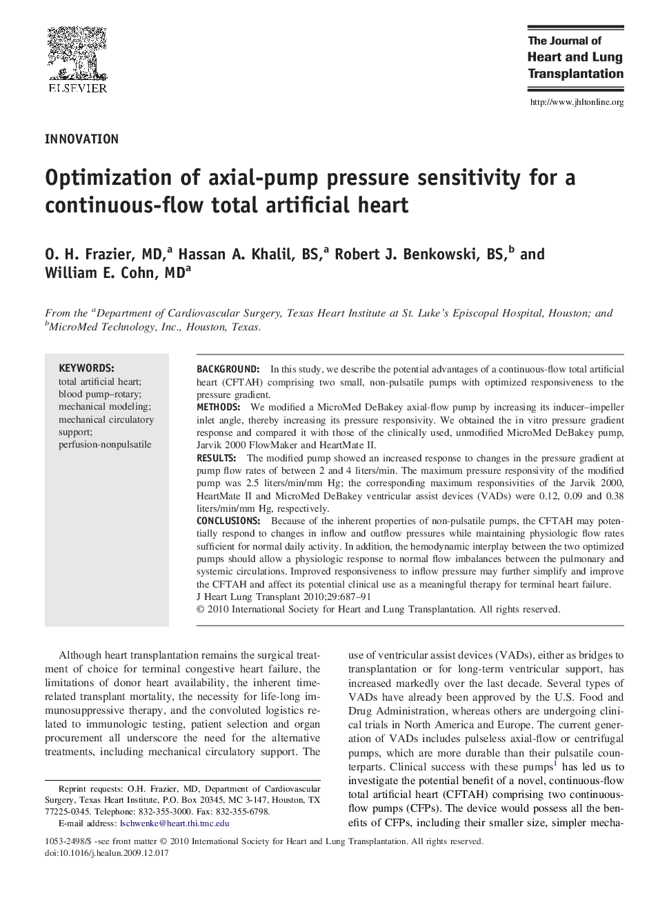 Optimization of axial-pump pressure sensitivity for a continuous-flow total artificial heart