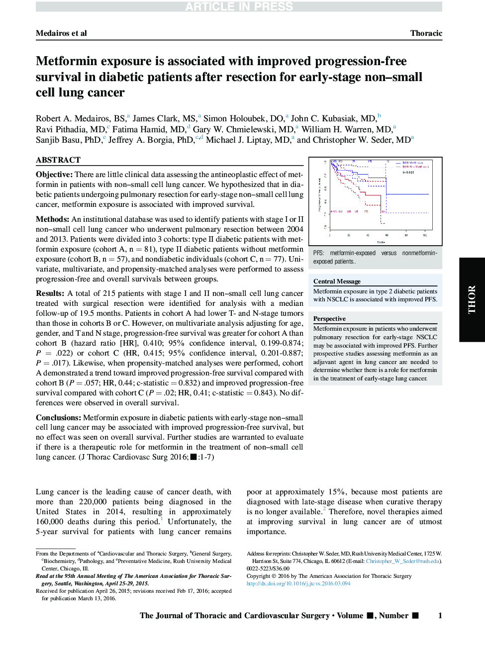 Metformin exposure is associated with improved progression-free survival in diabetic patients after resection for early-stage non-small cell lung cancer