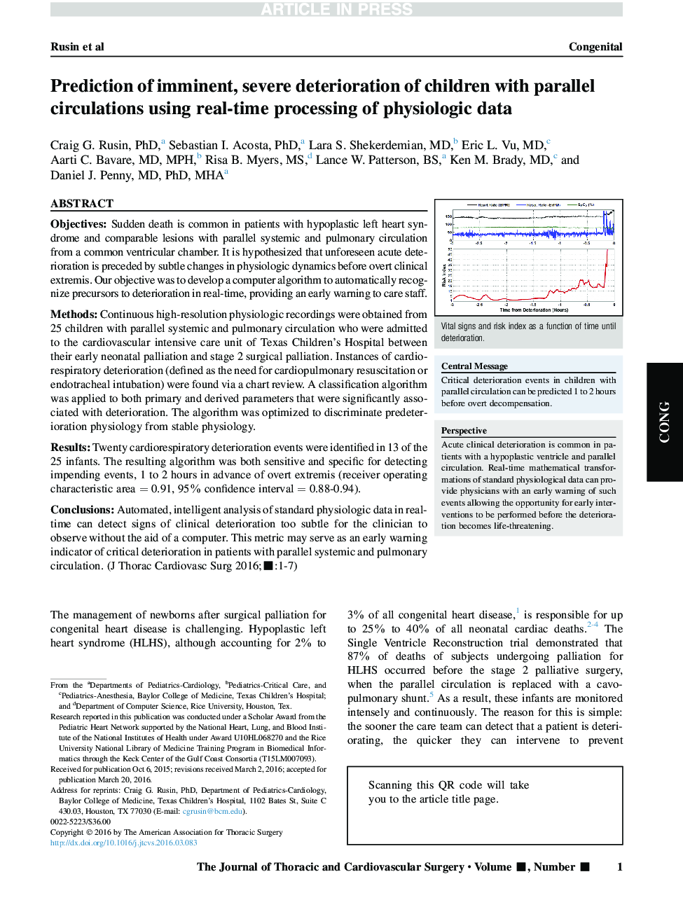 Prediction of imminent, severe deterioration of children with parallel circulations using real-time processing of physiologic data