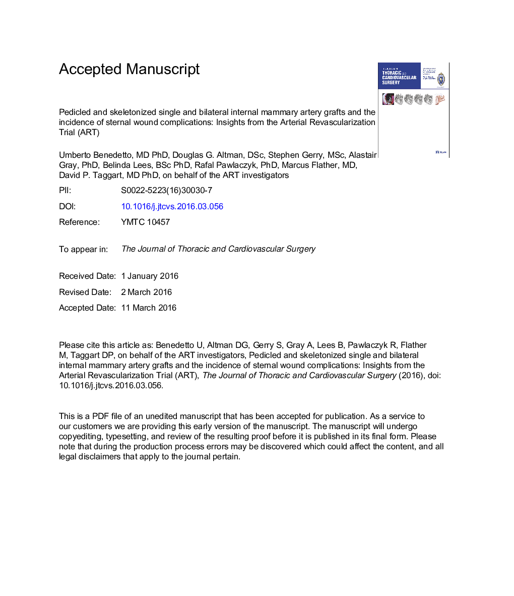 Pedicled and skeletonized single and bilateral internal thoracic artery grafts and the incidence of sternal wound complications: Insights from the Arterial Revascularization Trial